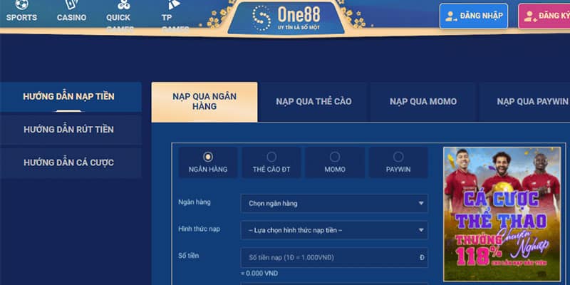 Các bước chi tiết hướng dẫn nạp tiền one88