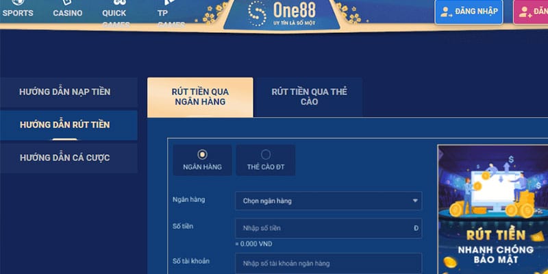 Các phương thút rút tiền tại nhà cái one88
